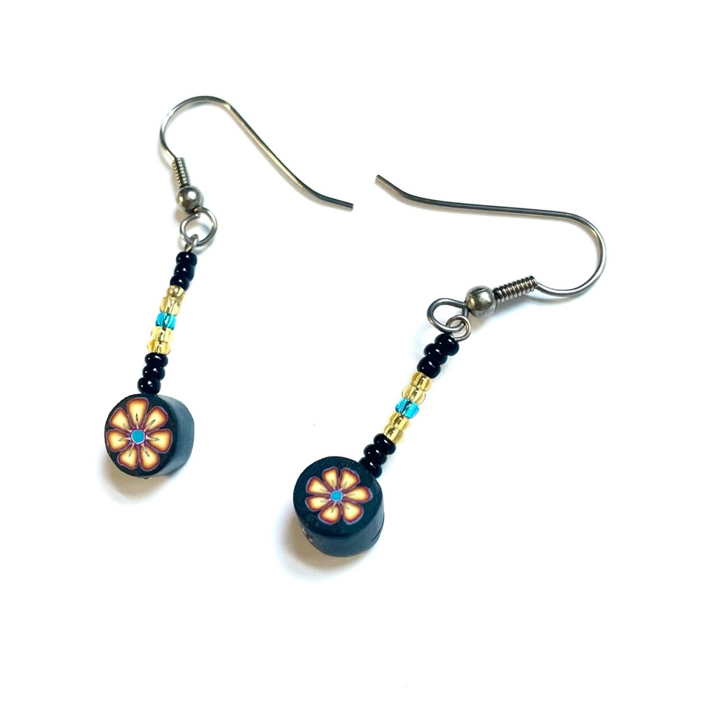Fimo Clay Yellow Flower Beaded Dangle Earrings